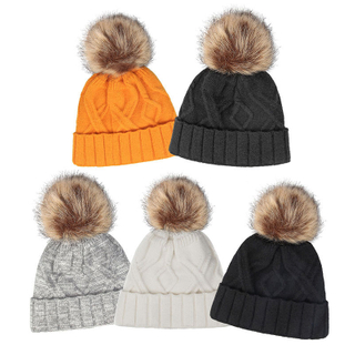Cable Knit Beanie Hat with Faux Fur Pom Pom – Winter Warm Knitted Cap