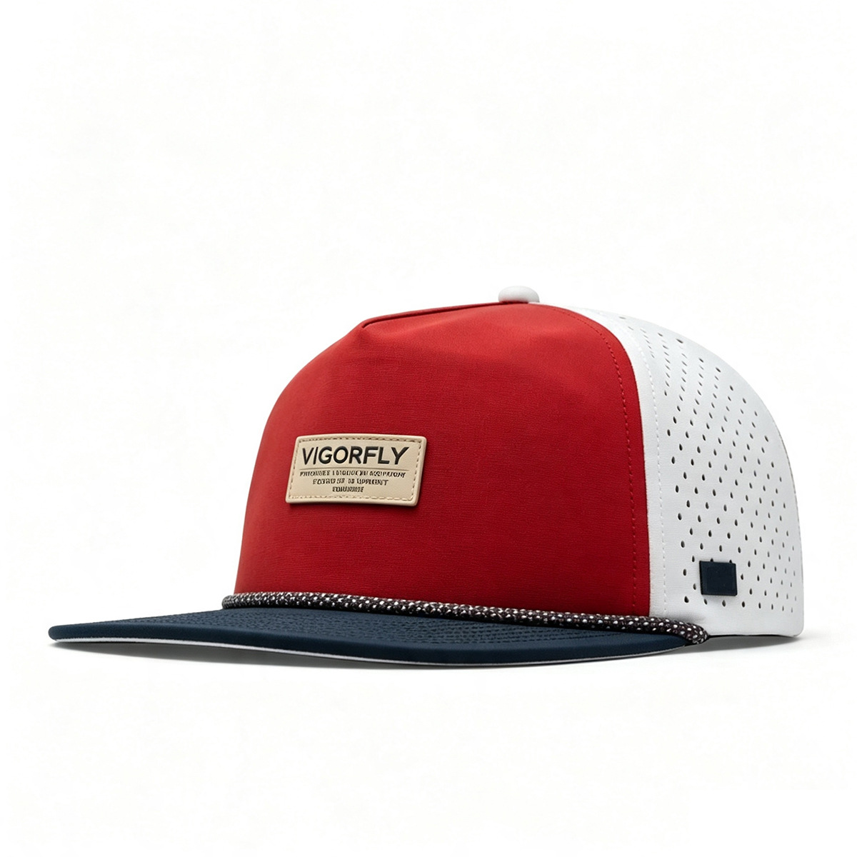 Color‑Block Laser Perforated Quick‑Dry Trucker Snapback Hat with Leather Patch & Rope Detail