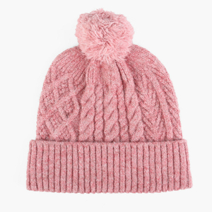Custom Cozy Pink Cable Knit Beanie Fuzzy Pom Pom Winter Hat for Women