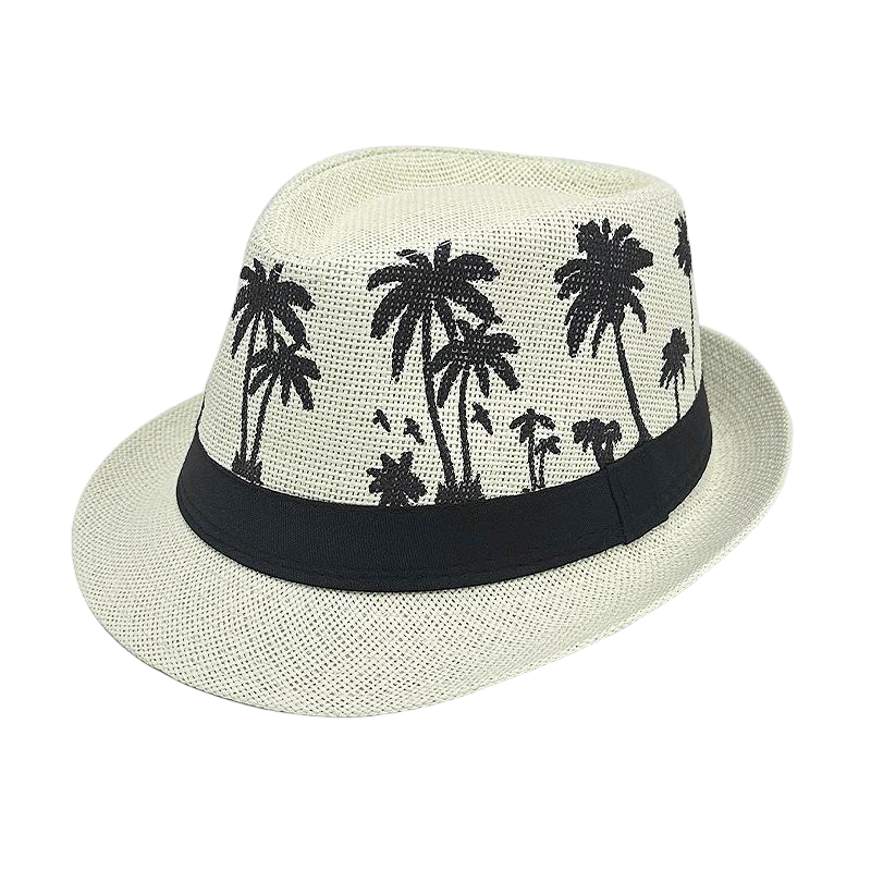 Wholesale Customizable Palm Tree Print Straw Trilby Hats for Men