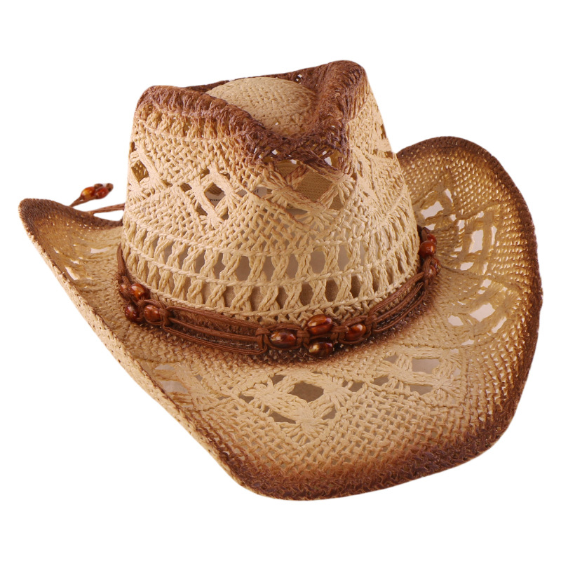 Vintage Crocheted Straw Cowboy Hat with Beaded Band