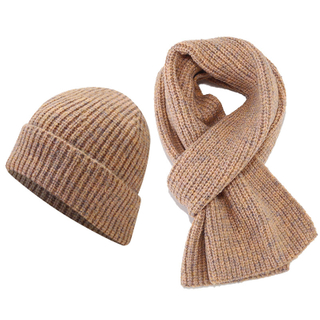 Heather Tan Knit Beanie and Scarf Set – Warm Ribbed Winter Hat & Scarf for Men & Women