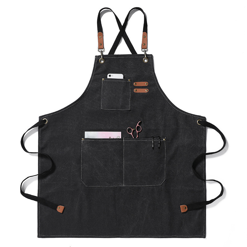 Heavy Duty Canvas Tool Apron | Cross-Back Bib Apron with Leather Straps for Cooking, Grilling & Woodworking
