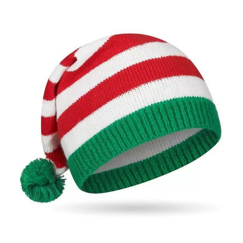 Polyester Christmas Elf Striped Knit Beanie Hat with Pom‑pom, Xmas Holiday Costume Accessory