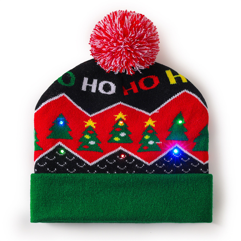 Christmas Pom‑Pom Knit Beanie, Xmas Reindeer Snowman Printed Winter Hat