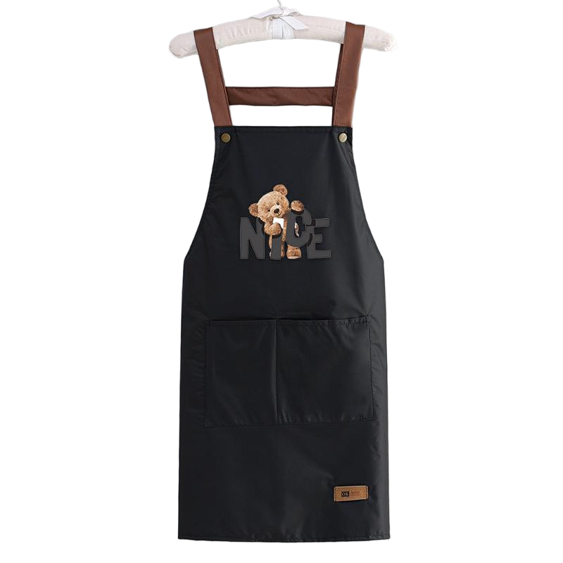 Kawaii Bear Print Kitchen Apron | Waterproof Beige Bib Apron with "NICE" Lettering & Pockets
