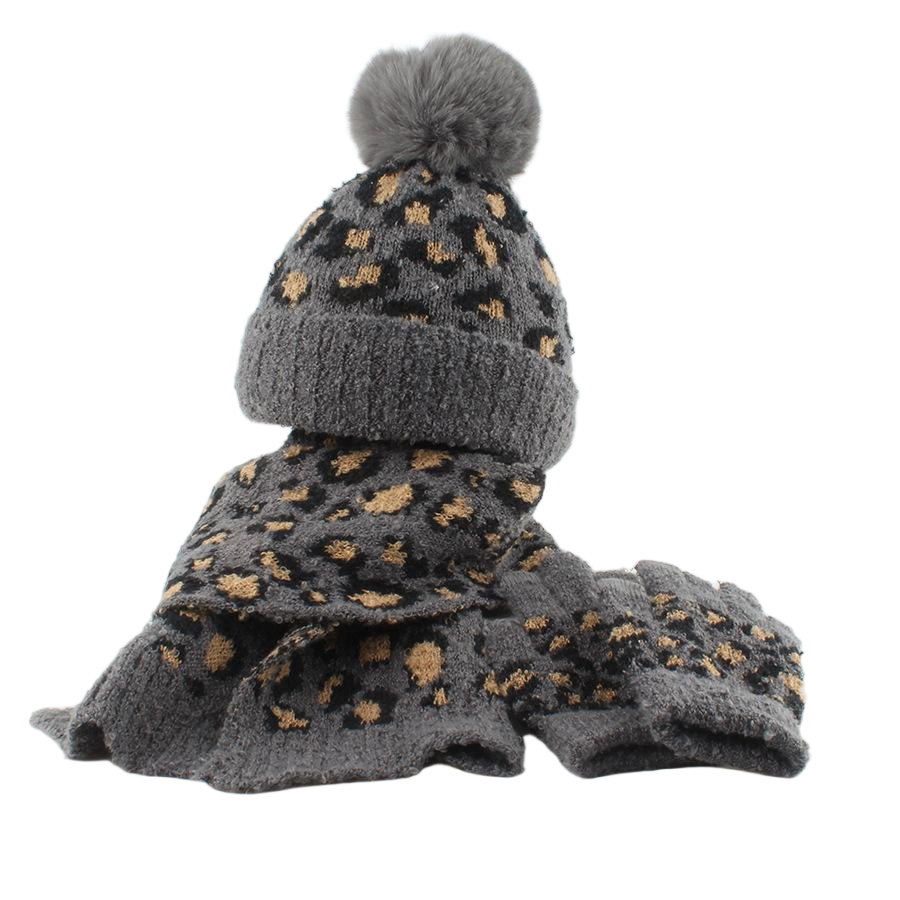 Cozy Winter 3-Piece Set: Leopard Print Knit Beanie, Scarf & Fingerless Gloves with Faux Fur Pom Pom