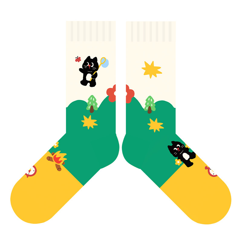 Playful Kitten Print Cotton Socks | Colorful Novelty Crew Socks for Women & Girls