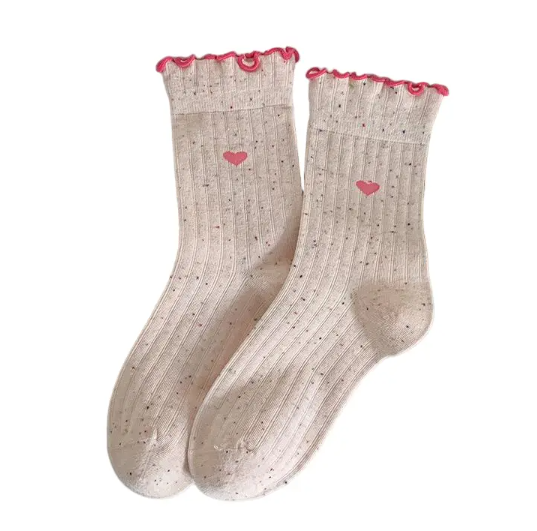 Cute Ribbed Cotton Frill Trim Embroidery Socks for Women